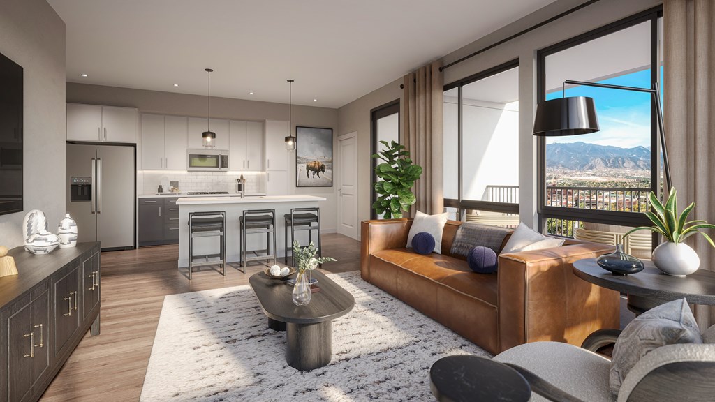 a rendering of a living room and kitchen in an apartment